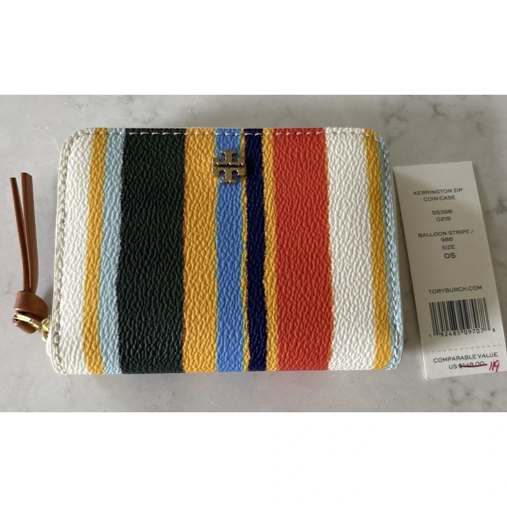Tory Burch Kerrington Zip Coin Case Balloon Stripe Pattern Logo Rainbow